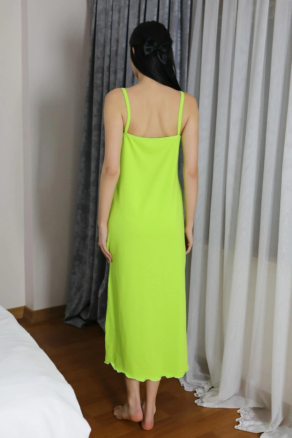 Moda Çizgi Kadın İp Askılı Uzun Yırtmaçlı Pamuk Penye Gecelik NeonYeşil 90125