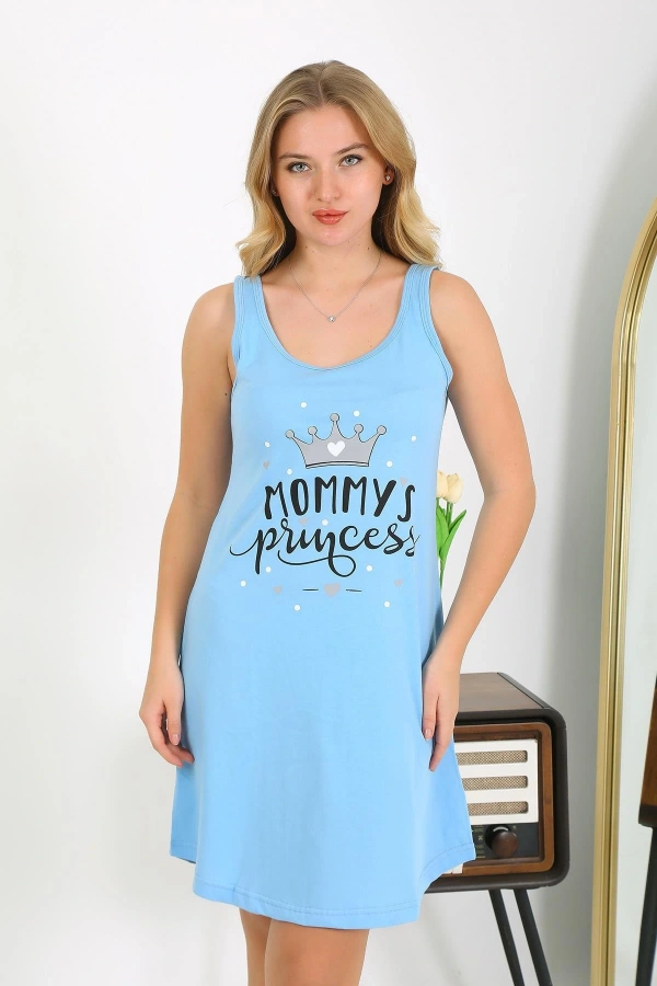 Moda Çizgi Kadın Kalın Askılı Penye Gecelik Mavi 1777