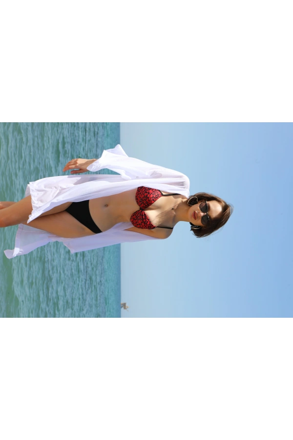 Moda Çizgi Kadın Kimono Pareo Plaj Elbisesi Beyaz 38049