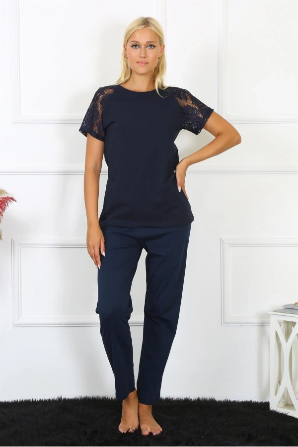 Moda Çizgi Kadın Kolu Dantelli Penye Pijama Takım 4150