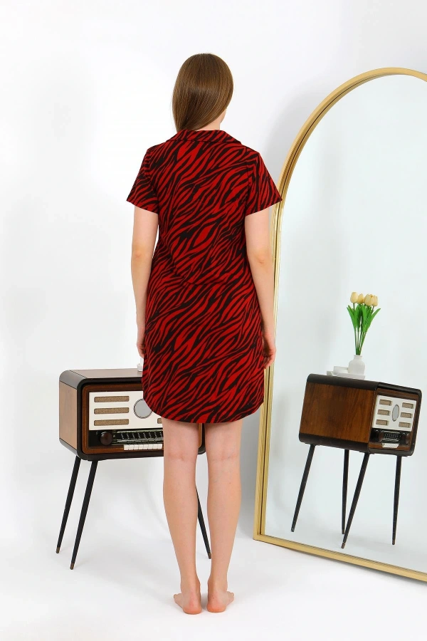 Moda Çizgi Kadın Pamuk Penye Kısa Kol Düğmeli Bordo Tunik Gecelik 13112