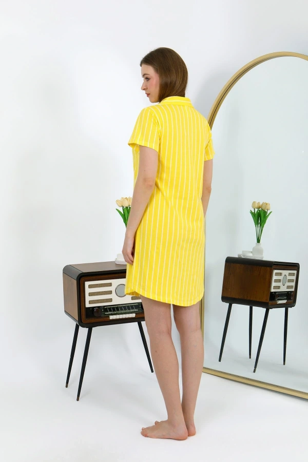 Moda Çizgi Kadın Pamuk Penye Kısa Kol Düğmeli Sarı Tunik Gecelik 13111