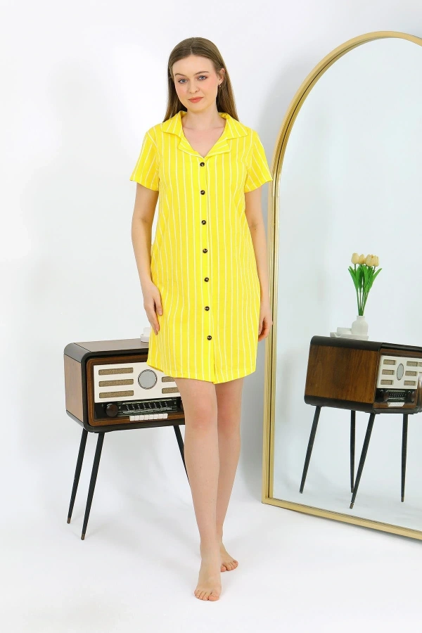 Moda Çizgi Kadın Pamuk Penye Kısa Kol Düğmeli Sarı Tunik Gecelik 13111