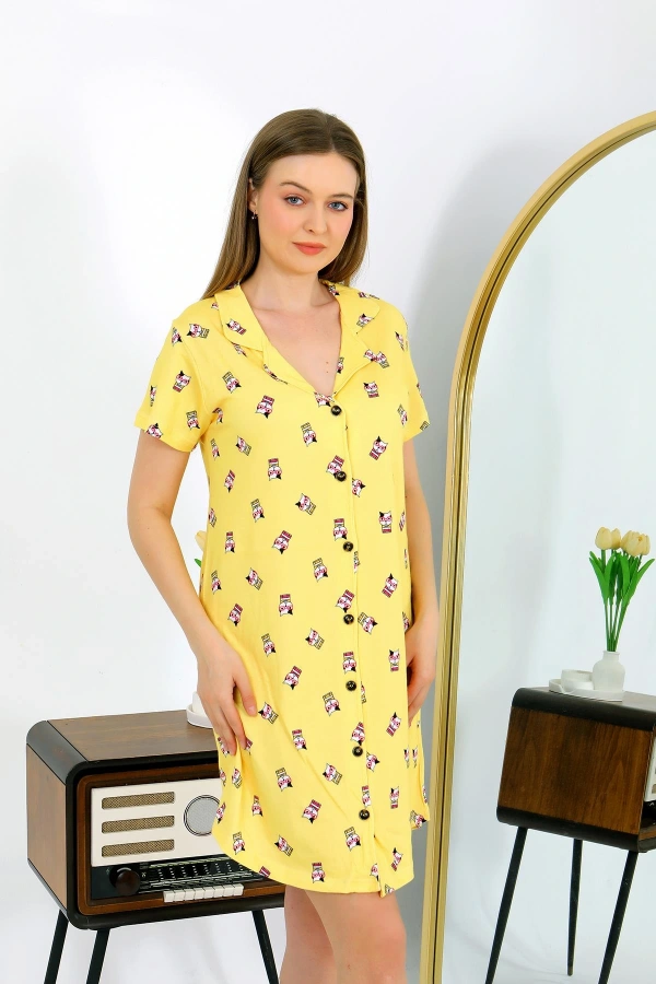 Moda Çizgi Kadın Pamuk Penye Kısa Kol Düğmeli Sarı Tunik Gecelik 13112