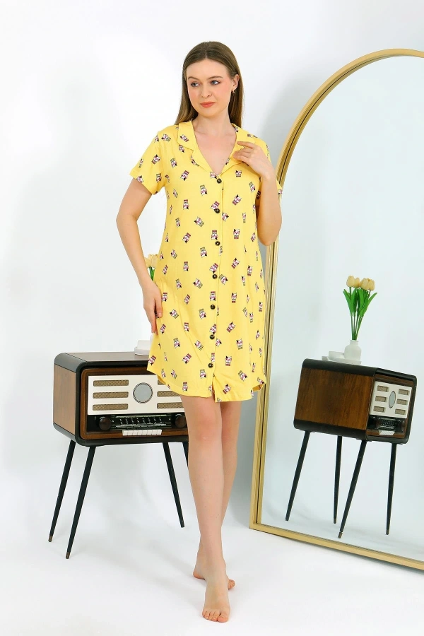 Moda Çizgi Kadın Pamuk Penye Kısa Kol Düğmeli Sarı Tunik Gecelik 13112