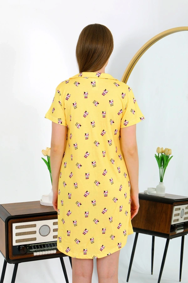 Moda Çizgi Kadın Pamuk Penye Kısa Kol Düğmeli Sarı Tunik Gecelik 13112