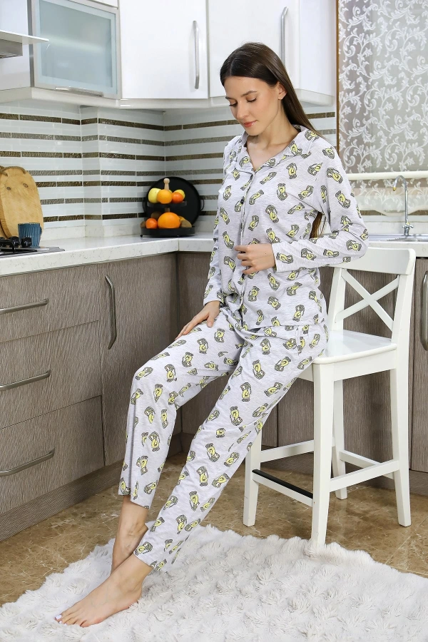 Moda Çizgi Kadın Pamuk Penye Önden Düğmeli Uzun Kol Pijama Takım Gri 2784