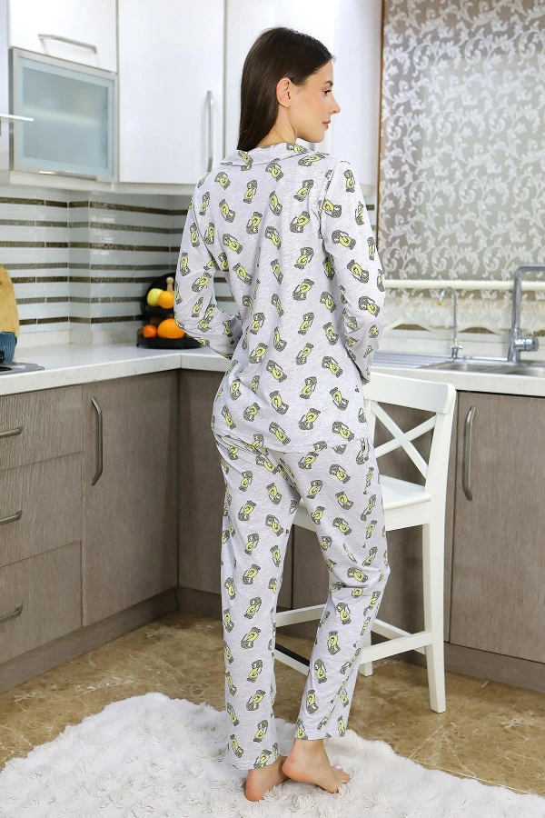 Moda Çizgi Kadın Pamuk Penye Önden Düğmeli Uzun Kol Pijama Takım Gri 2784