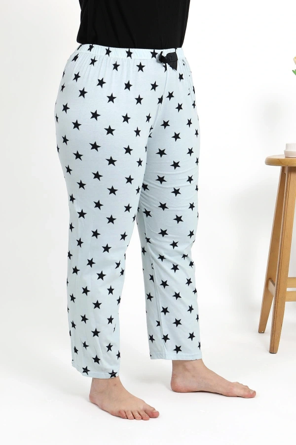 Moda Çizgi Kadın Pamuklu Büyük Beden Alt Pijama 27557 Buz Mavisi