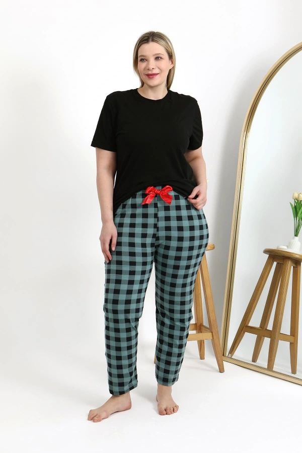 Moda Çizgi Kadın Pamuklu Büyük Beden Alt Pijama 27557 Turkuaz