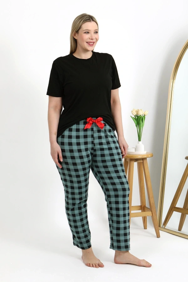 Moda Çizgi Kadın Pamuklu Büyük Beden Alt Pijama 27557 Turkuaz