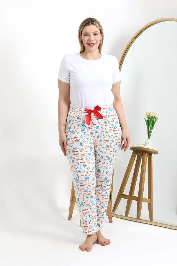 Moda Çizgi Kadın Pamuklu Büyük Beden Alt Pijama 27558 Ekru