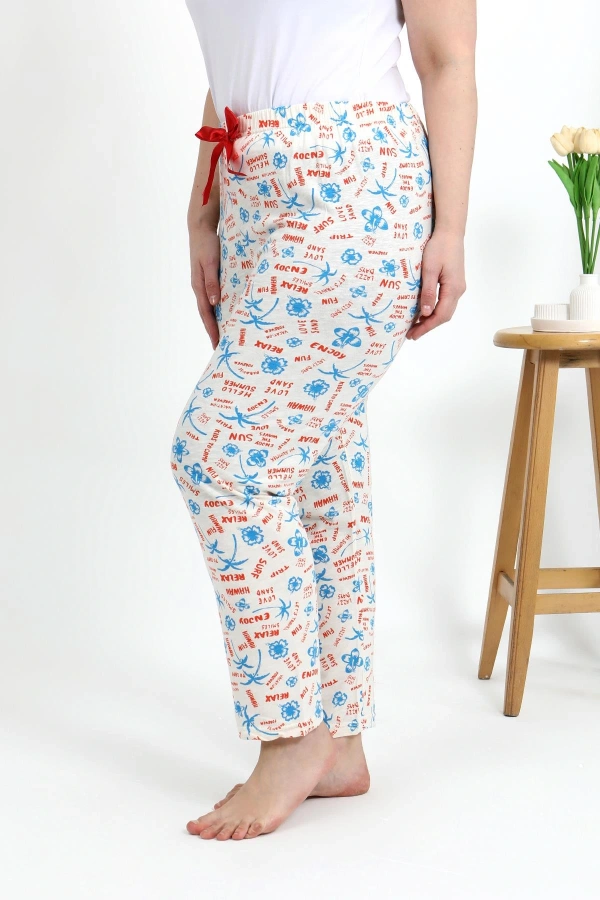 Moda Çizgi Kadın Pamuklu Büyük Beden Alt Pijama 27558 Ekru