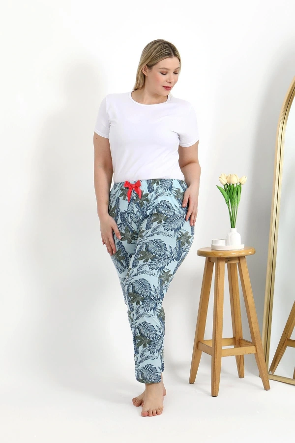 Moda Çizgi Kadın Pamuklu Büyük Beden Alt Pijama 27558 Mavi