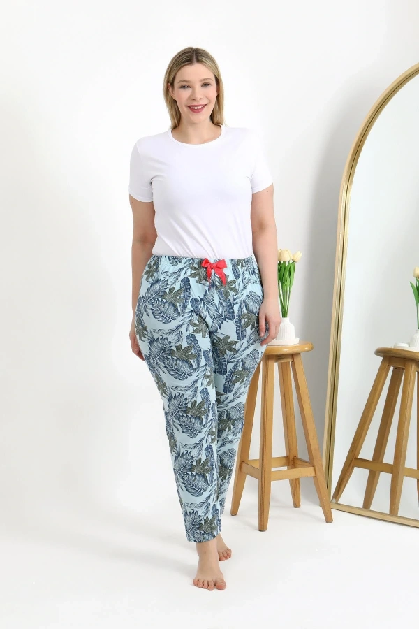 Moda Çizgi Kadın Pamuklu Büyük Beden Alt Pijama 27558 Mavi