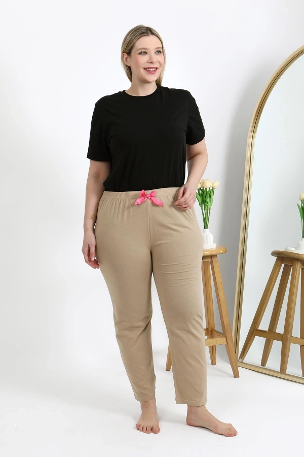 Moda Çizgi Kadın Pamuklu Büyük Beden Alt Pijama 27559 Bej