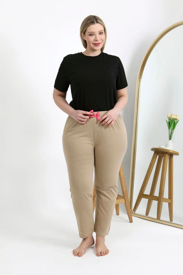 Moda Çizgi Kadın Pamuklu Büyük Beden Alt Pijama 27559 Bej