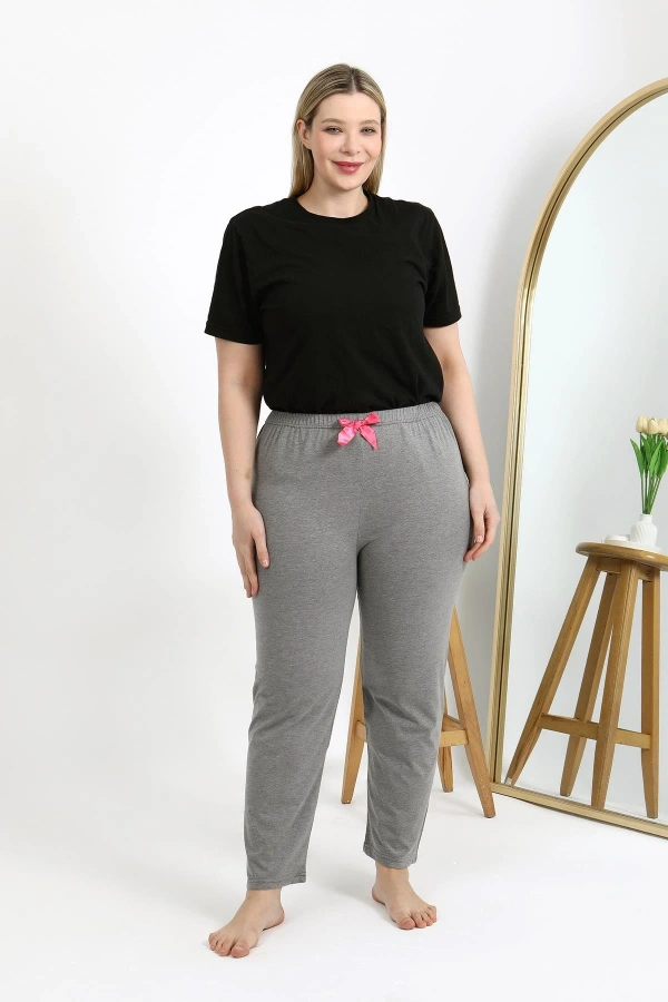 Moda Çizgi Kadın Pamuklu Büyük Beden Alt Pijama 27559 Gri
