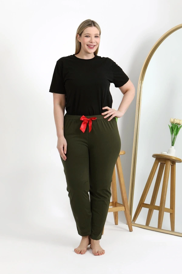 Moda Çizgi Kadın Pamuklu Büyük Beden Alt Pijama 27559 Haki