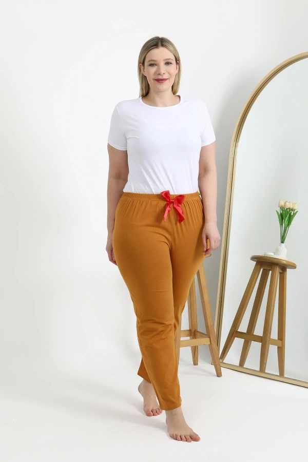 Moda Çizgi Kadın Pamuklu Büyük Beden Alt Pijama 27559 Hardal