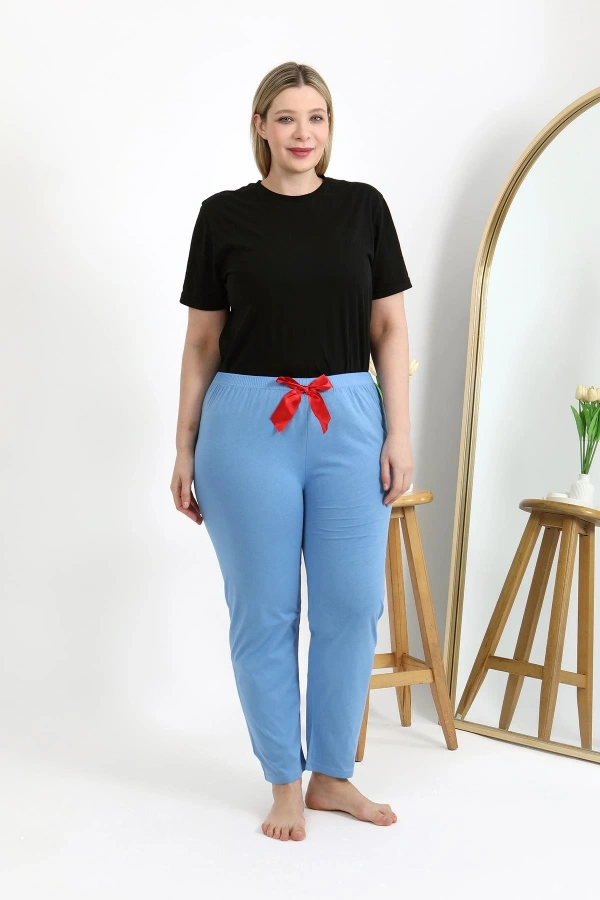 Moda Çizgi Kadın Pamuklu Büyük Beden Alt Pijama 27559 Mavi