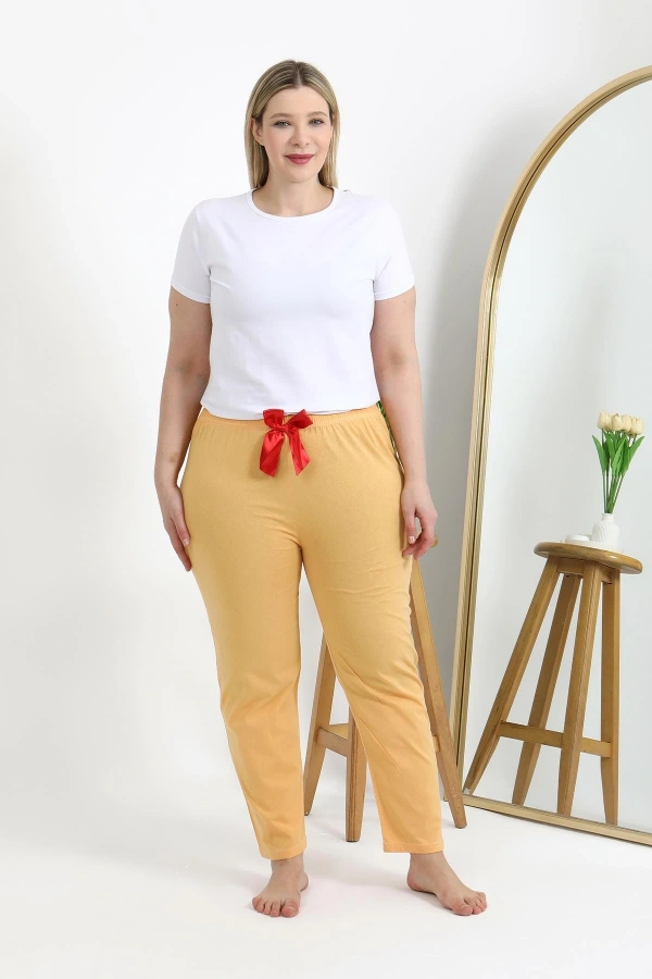 Moda Çizgi Kadın Pamuklu Büyük Beden Alt Pijama 27559 Sarı
