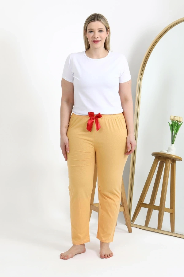 Moda Çizgi Kadın Pamuklu Büyük Beden Alt Pijama 27559 Sarı