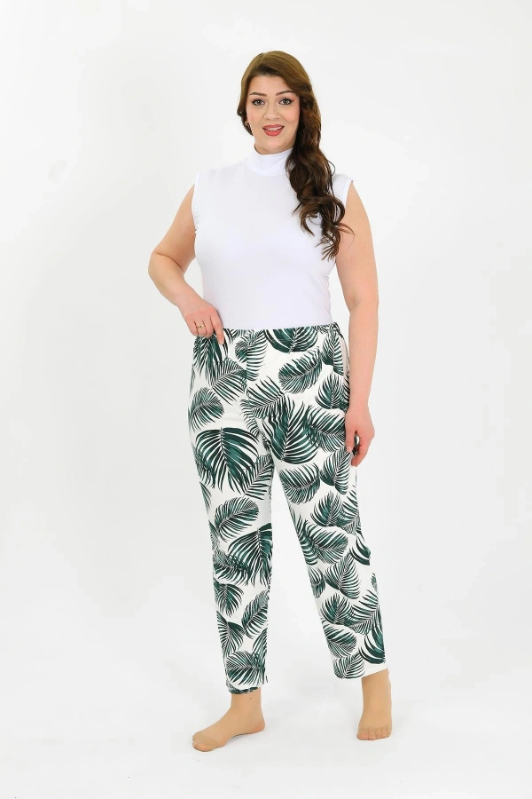 Moda Çizgi Kadın Pamuklu Büyük Beden Alt Pijama Yeşil 27563