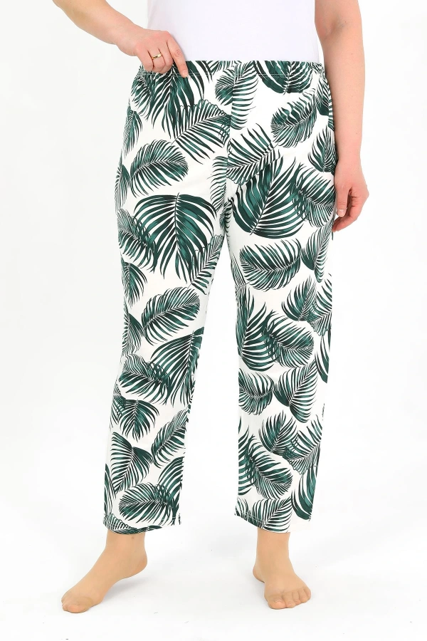 Moda Çizgi Kadın Pamuklu Büyük Beden Alt Pijama Yeşil 27563