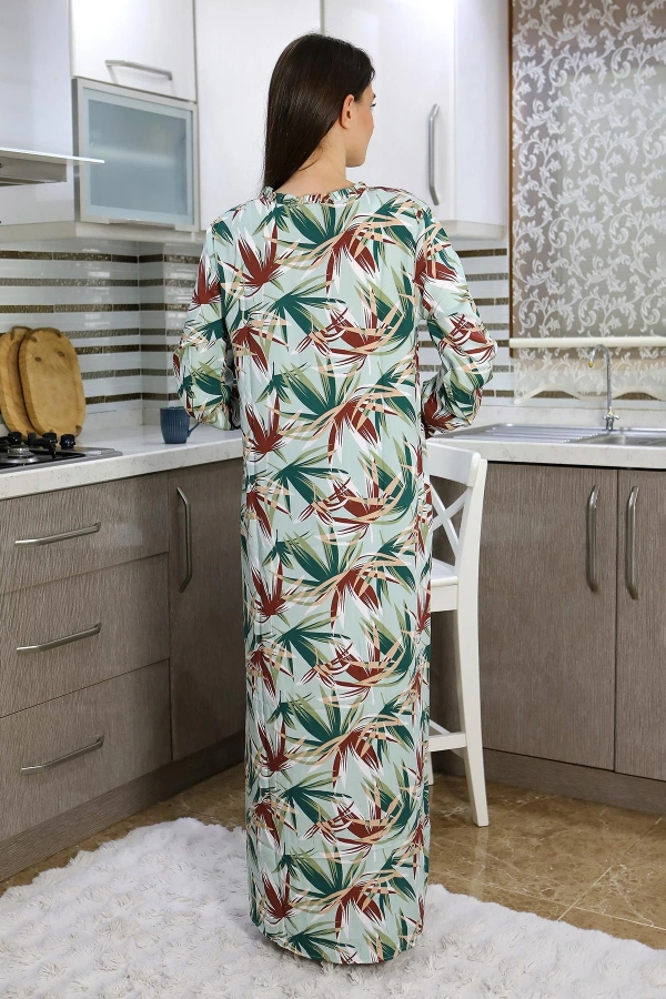 Moda Çizgi Kadın Uzun Kol Penye Gecelik Ev Elbisesi Yeşil 25500