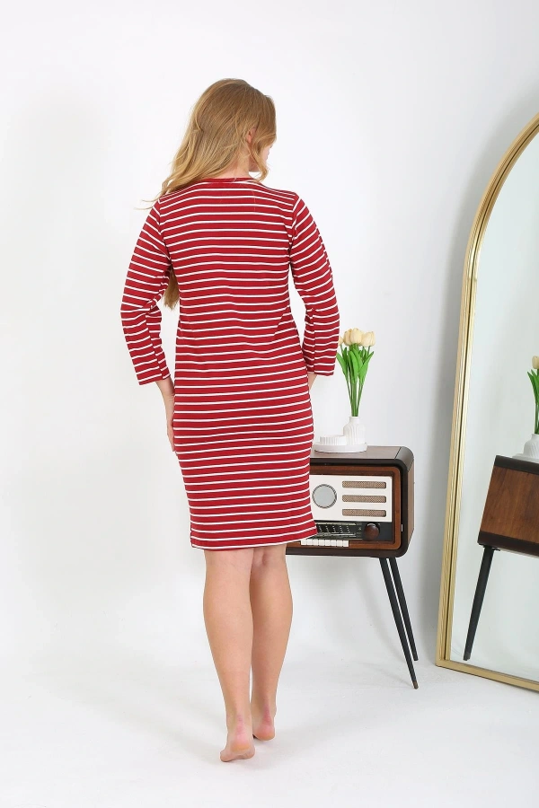 Moda Çizgi Pamuk Ev Elbisesi Tunik Gecelik Kırmızı 13132