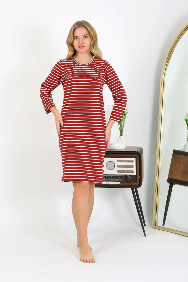 Moda Çizgi Pamuk Ev Elbisesi Tunik Gecelik Kırmızı 13132
