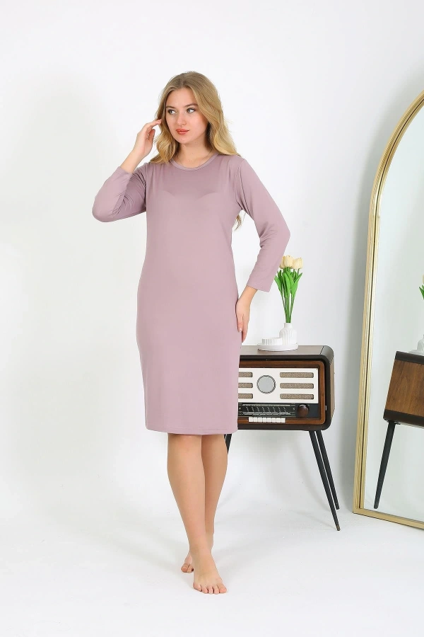 Moda Çizgi Pamuk Ev Elbisesi Tunik Gecelik Pudra 13132