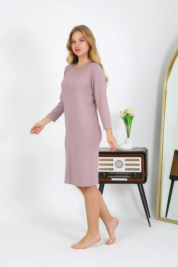 Moda Çizgi Pamuk Ev Elbisesi Tunik Gecelik Pudra 13132