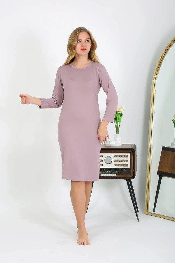 Moda Çizgi Pamuk Ev Elbisesi Tunik Gecelik Pudra 13132