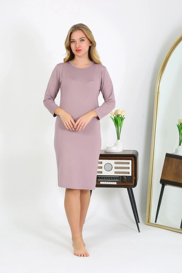 Moda Çizgi Pamuk Ev Elbisesi Tunik Gecelik Pudra 13132