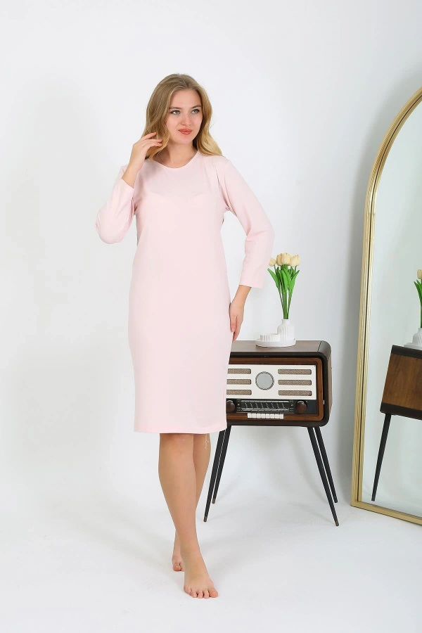 Moda Çizgi Pamuk Ev Elbisesi Tunik Gecelik Somon 13132