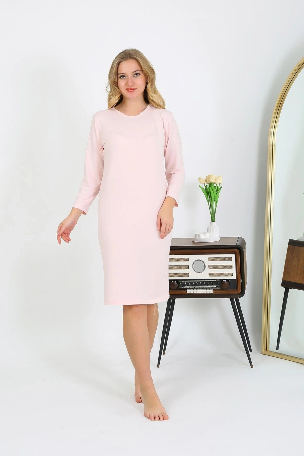Moda Çizgi Pamuk Ev Elbisesi Tunik Gecelik Somon 13132
