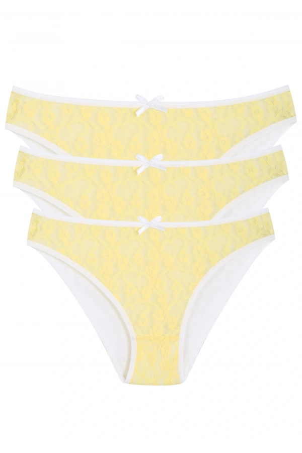 Moda Çizgi Pamuklu Dantelli 3lü Külot Sarı 40258