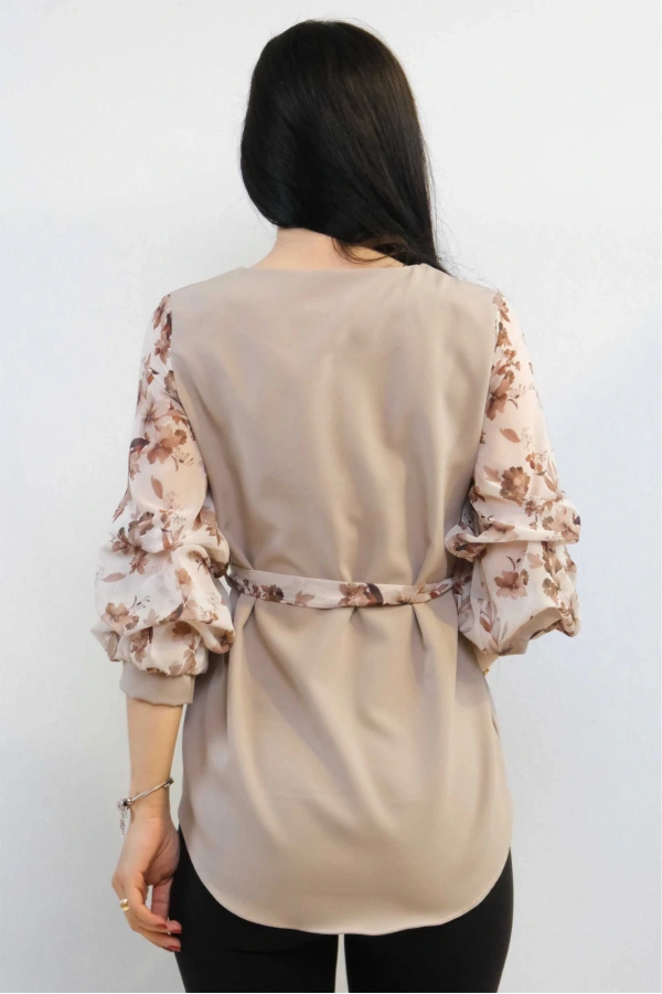 Moda Çizgi Şifon Kol Bluz Vizon