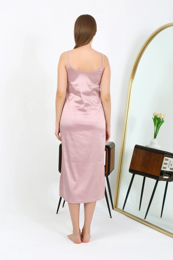 Moda Çizgi Yırtmaçlı Uzun Saten Gecelik Pudra 7410