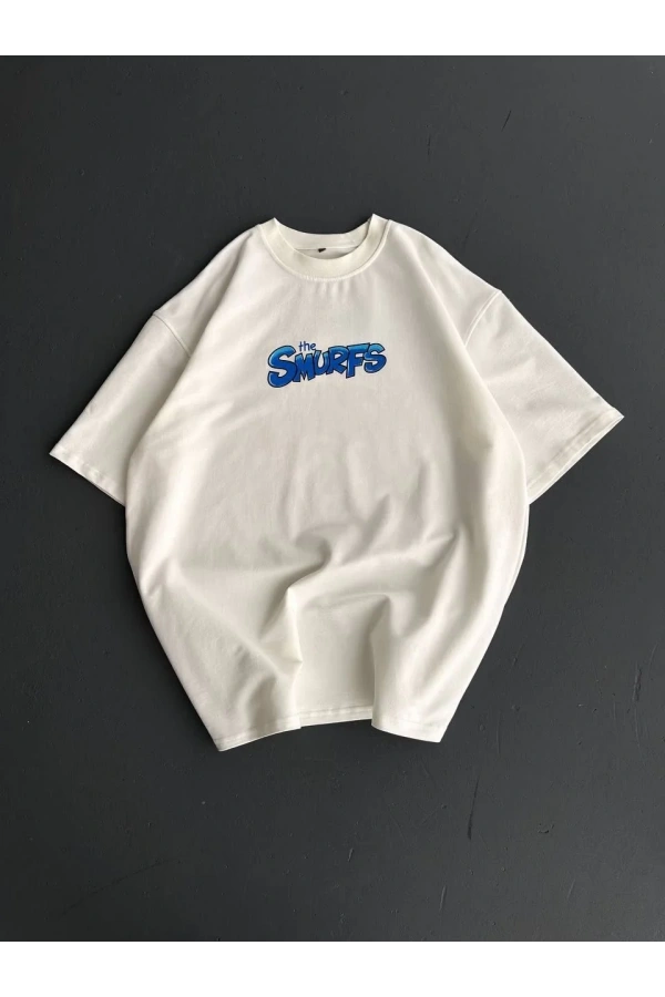 Ön ve Arka Baskılı Oversize Bisiklet Yaka T-shirt- Beyaz