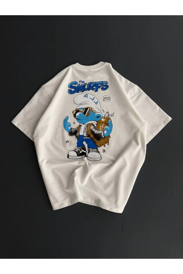 Ön ve Arka Baskılı Oversize Bisiklet Yaka T-shirt- Beyaz