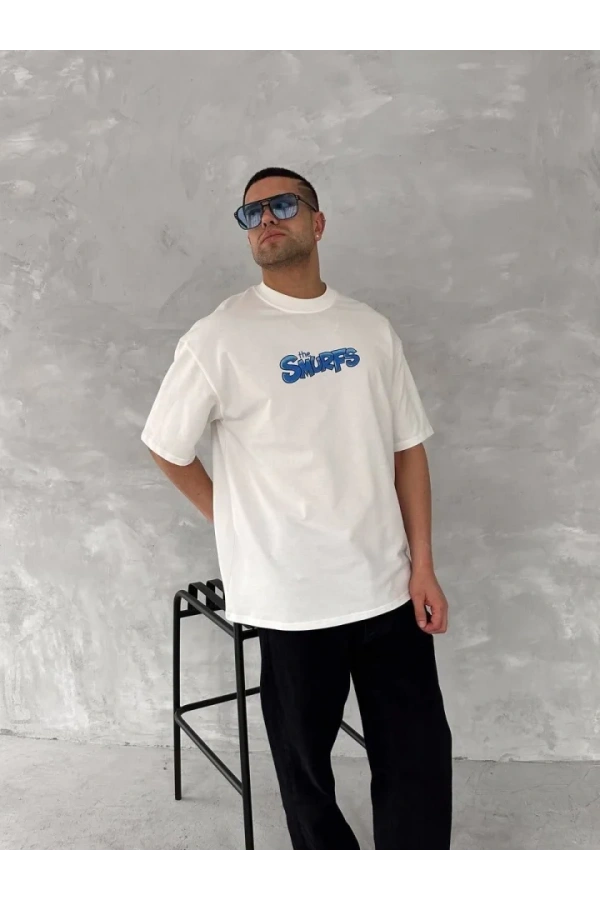 Ön Ve Arka Baskılı Oversize Bisiklet Yaka T-shirt- Beyaz