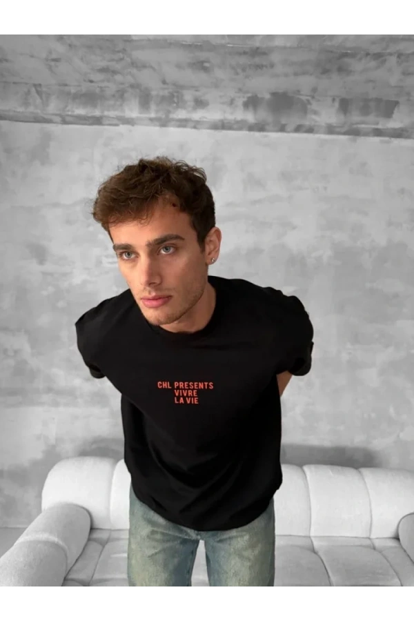 Ön Ve Arka Baskılı Oversize Bisiklet Yaka T-shirt- Siyah