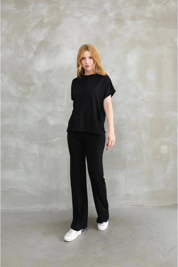 Osy Modal Yumuşak dokulu Kumaş Bisiklet Yaka Kısa Kollu Takım - Siyah