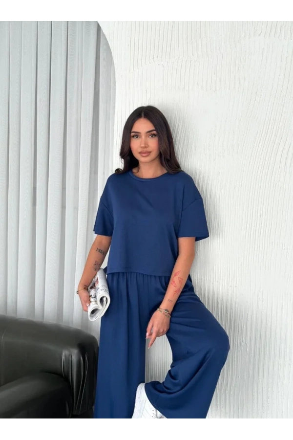 Osy Modal Yumuşak Dokulu Kumaş Bisiklet Yaka T-shirt Bol Paça Pantalon Ikili Takım -Saks Mavi