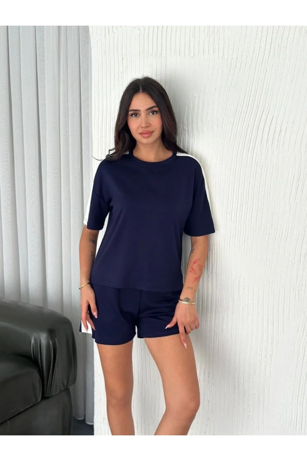 Osy Modal yumuşak dokulu Kumaş Kadın Parçalı Bisiklet Yaka T-shirt Kısa Şort İkili Takım - Mavi