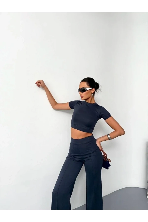 Osy Modal Yumuşak Dokulu Kumaş Kısa Kollu Crop Alt Ispanyol Paça Pantalon Ikili Takım - Füme