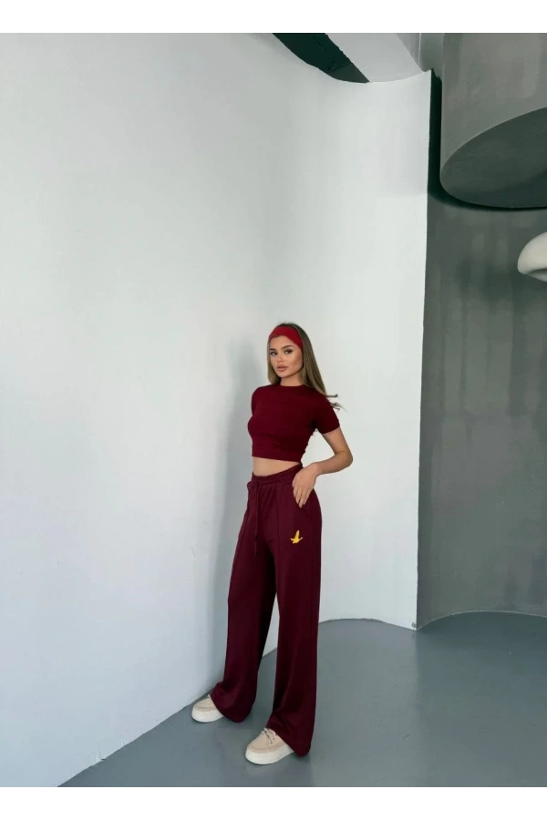 Osy Modal Yumuşak Dokulu Kumaş Nakış işlemeli Rahat Bol Paça Eşofman Pantalon - Bordo